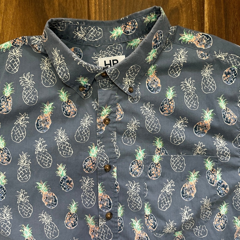 HB Mens XL Pineapple Print Button Down Shirt Blue Short Sleeve Tropical Casual